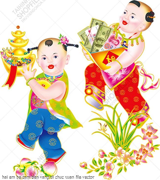 hai em be cam tien vang di chuc xuan file vector